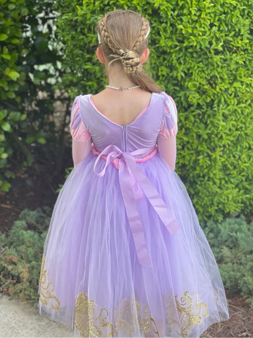 Girls' Pink and Lavender Princess Tulle Dress with Gold Trim - Picture 7 of 9